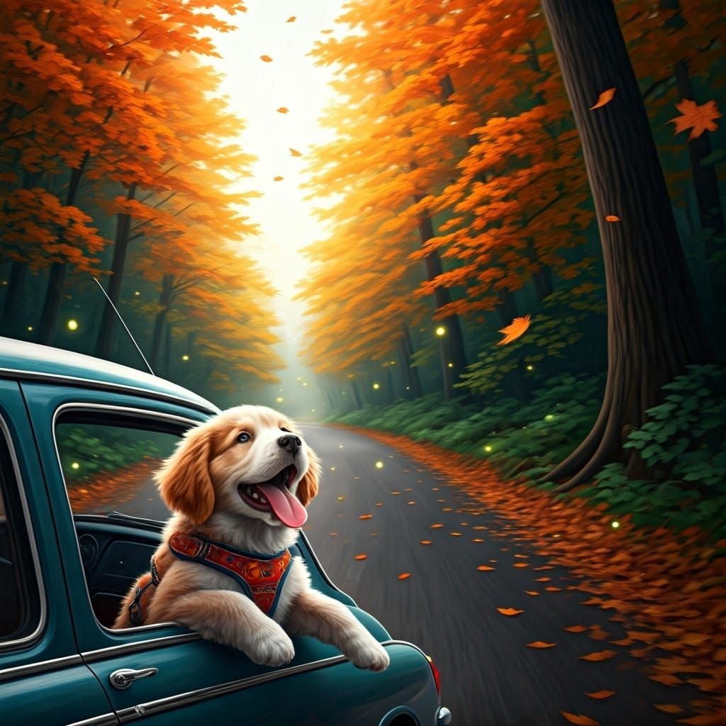 Joyful Puppy Leans Out of Vintage Car in Enchanted Forest