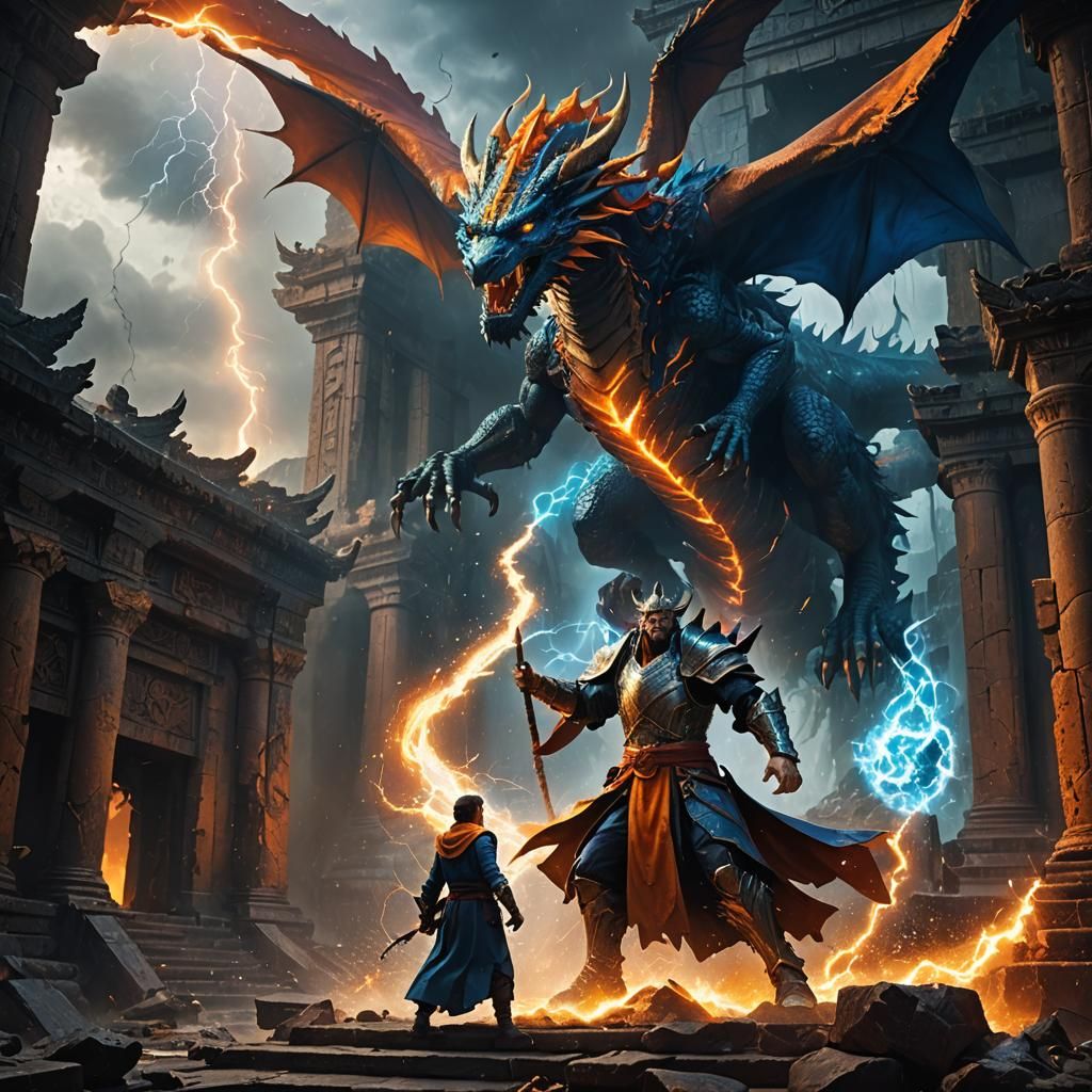 Thunder Wizard vs Dragon in Ruined Temple