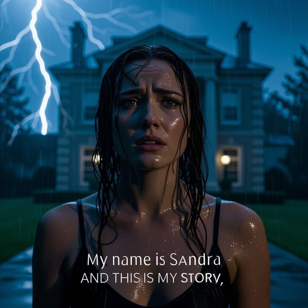 Sandra Distraught in Rainstorm Outside Mansion