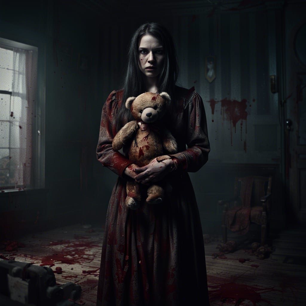Gloomy Woman with Teddy Bear in Dark Fantasy Art