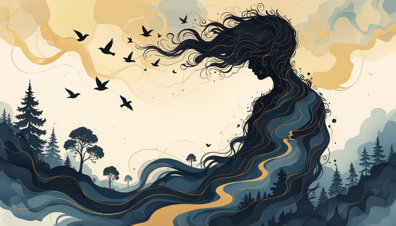 Ink Figure Under Liquid Gold Sky