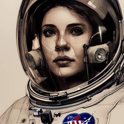 Watercolor Portrait of Female Astronaut with Ink Details