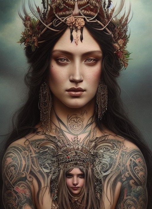 Māori Goddess Portrait with Intricate Tattoos