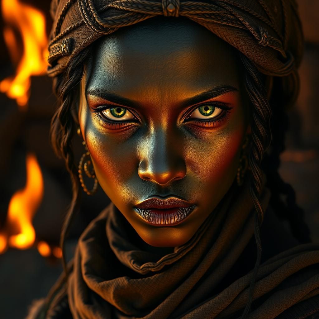 Eerie Portrait of Woman with Green Eyes in Fantasy Art Style