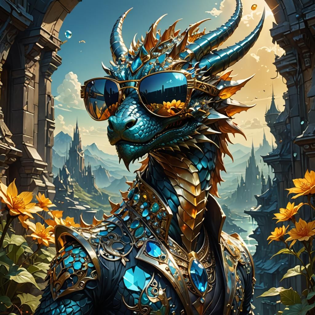 Gemstone Dragon in Sunglasses: Metallic Digital Art