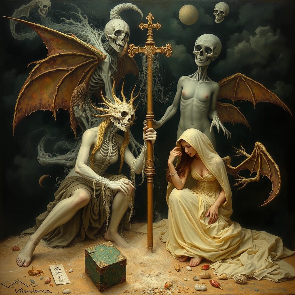 Fantasy, Necromancer Navigates Pyroclasm, Oil painting, Chiaroscuro, Fibonacci, coherent composition Francisco Goya, Mih...