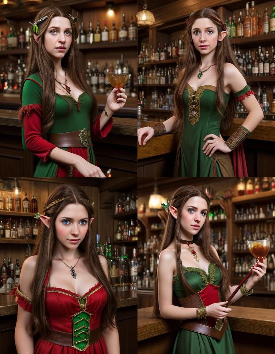 Half-Elf Bard Witch in Bar with Red Dress