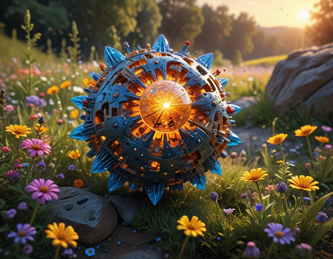 Whimsical Higgs-Boson Model Kit Blooms in Sunset Field