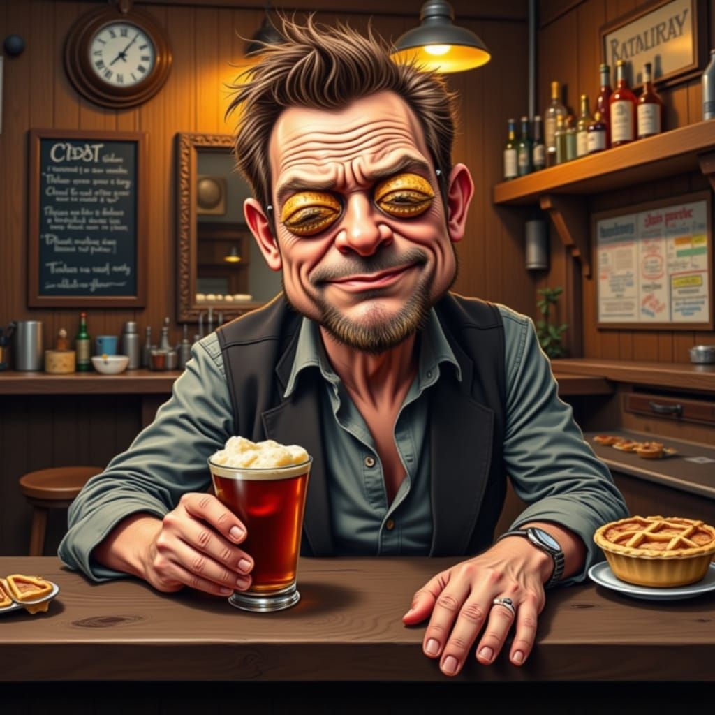 Man With Pie Eyes at Bar in Caricature Style