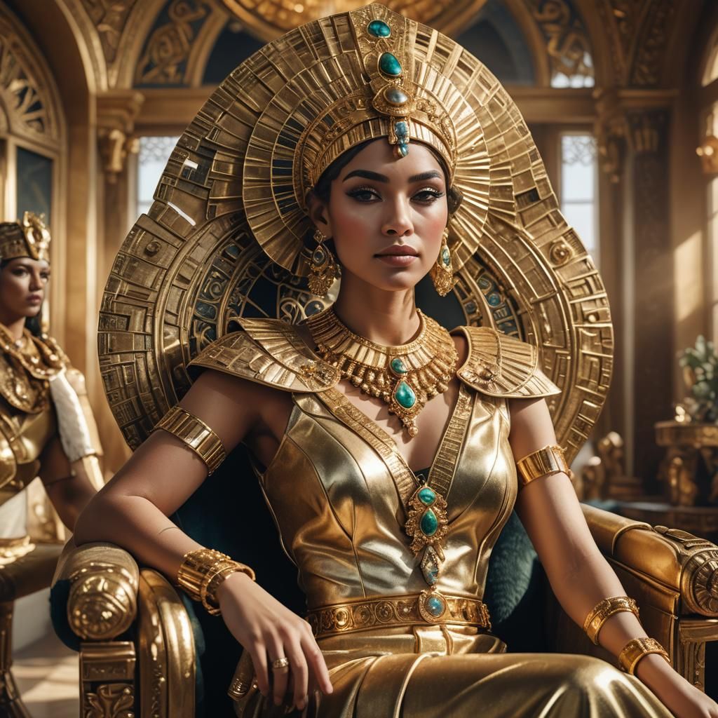 Elegant Woman in Cleopatra Chair, Photorealistic Portrait