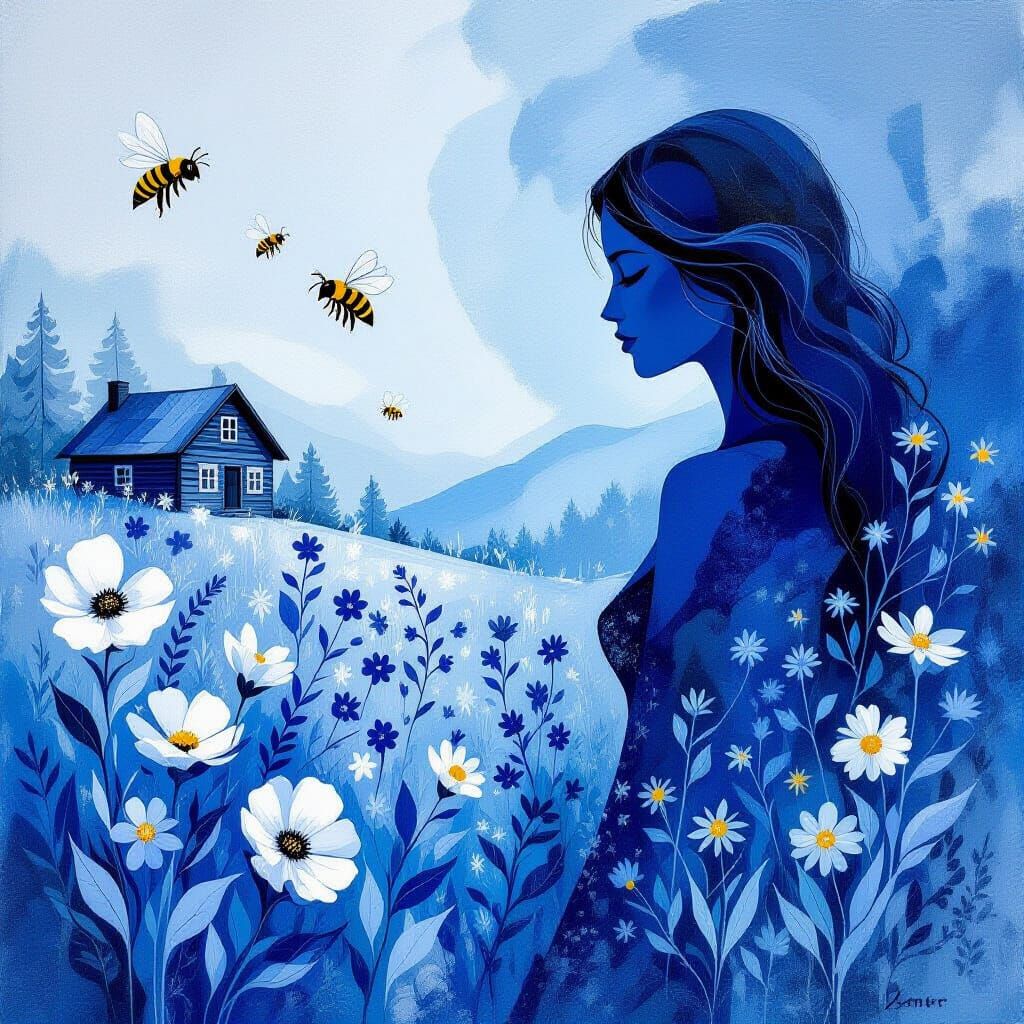 Monochromatic Blue Abstract Art: Female Form, Bees, Flowers,...