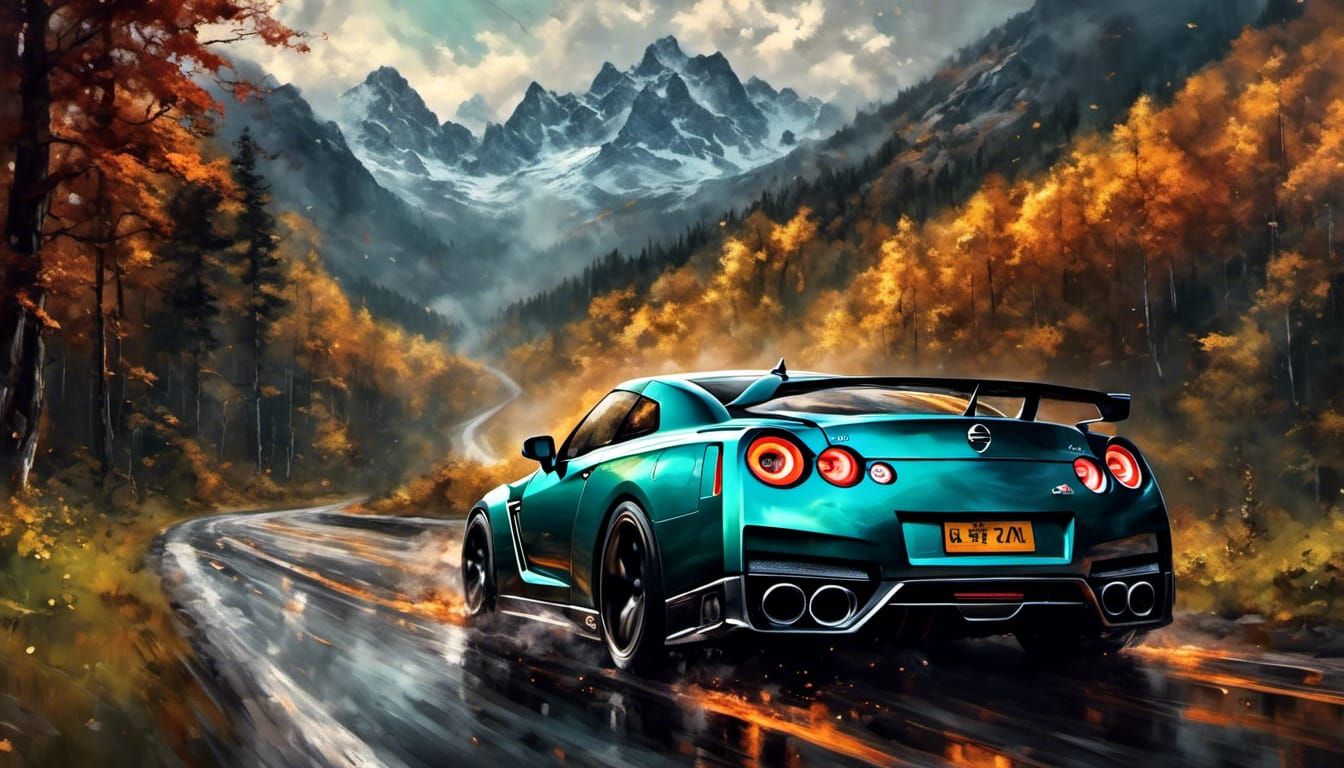 Nissan GTR on Winding Road with Pearlescent Colors