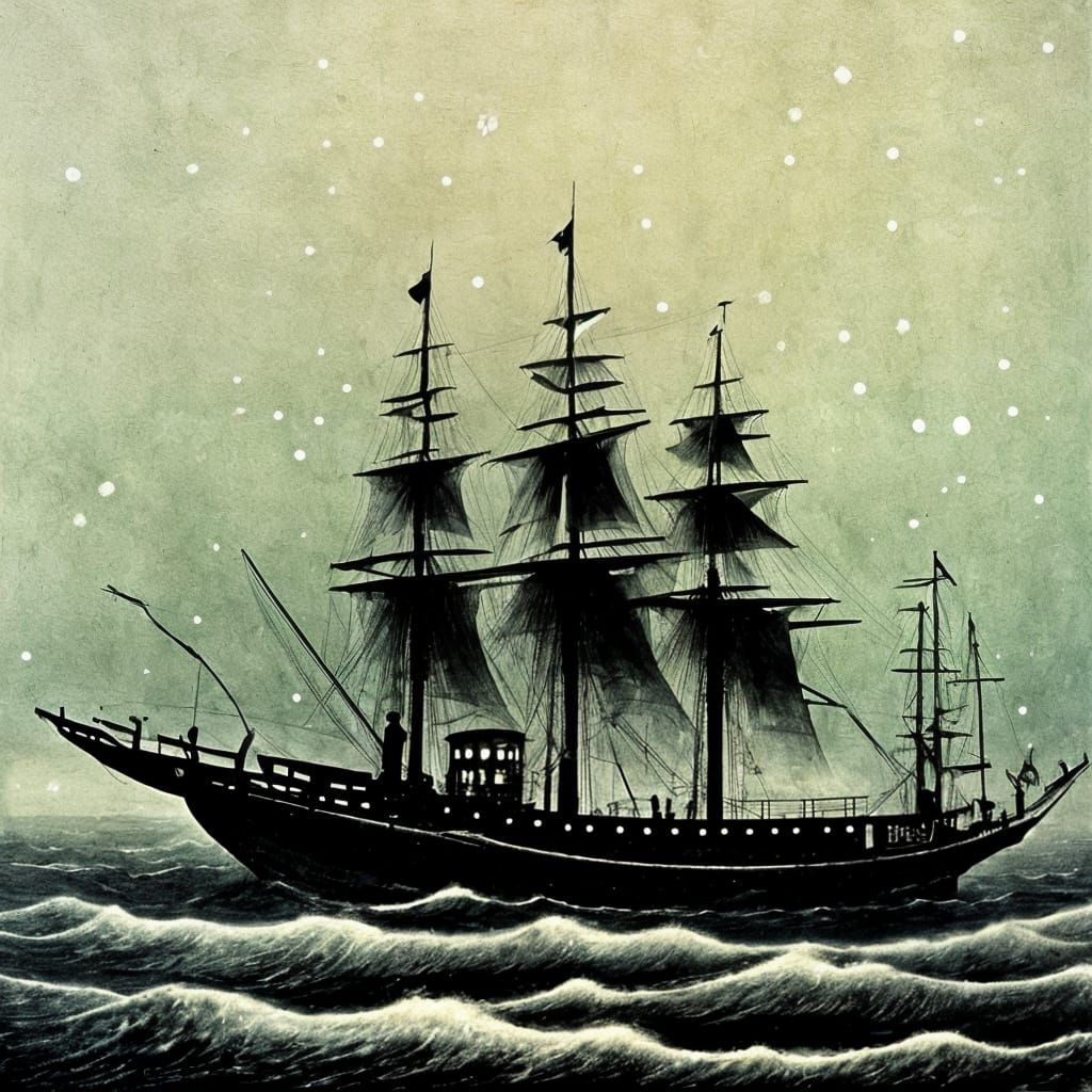 Surreal Pirate Ship Emerge from Foggy Night in Full Moon