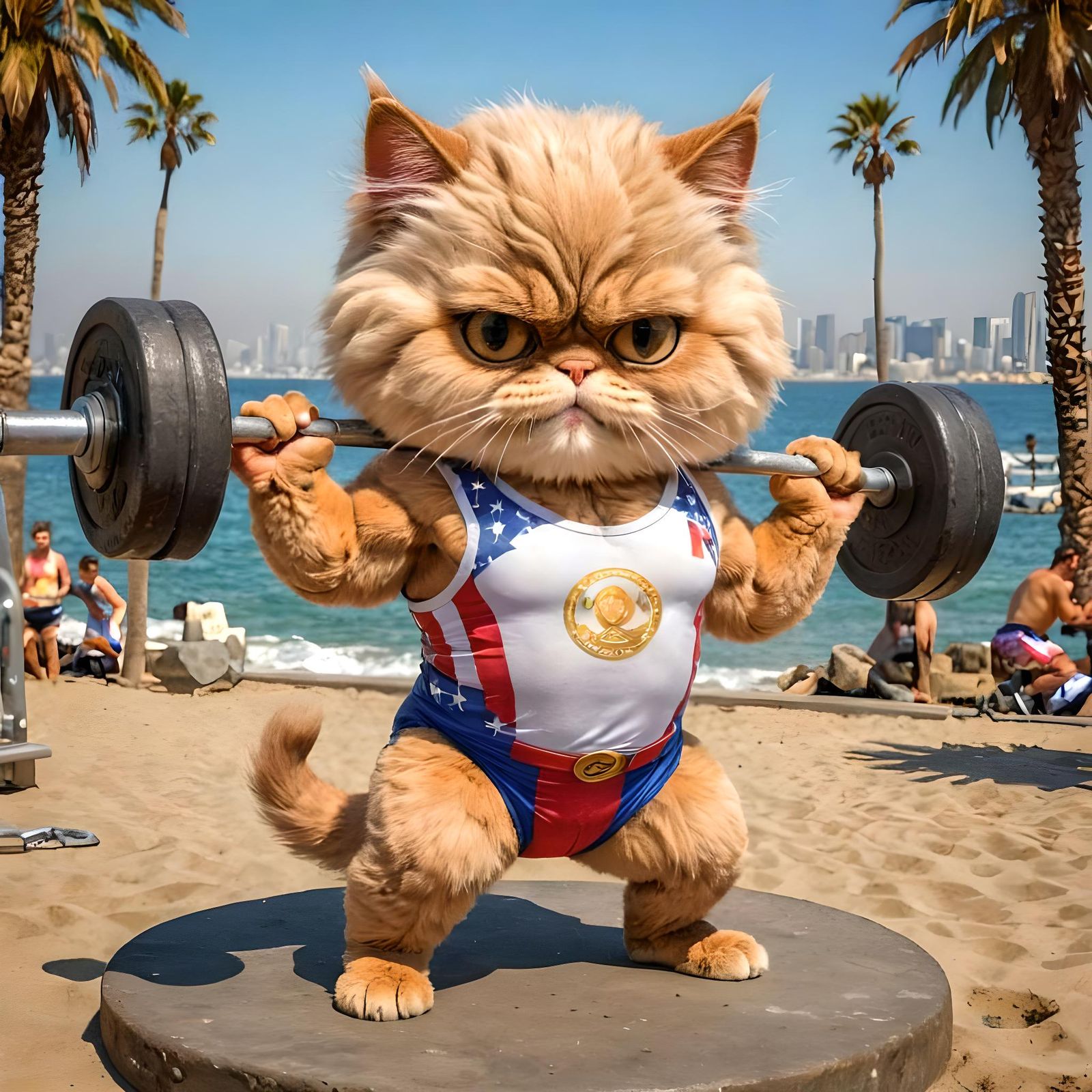 Muscular Persian Cat at Muscle Beach: Hyperrealistic Artwork