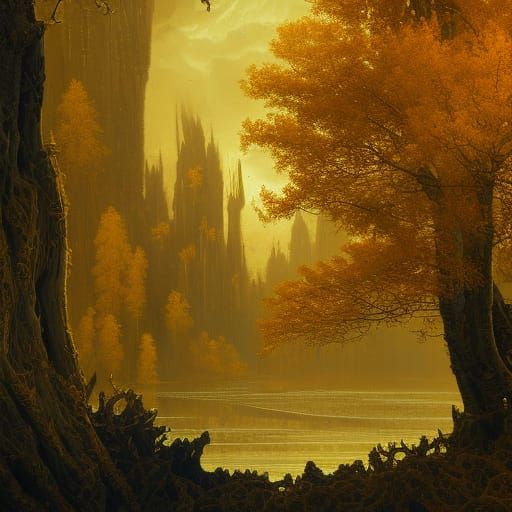 Golden World-Tree Amidst Crumbling Ruins: Gothic Oil Paintin...