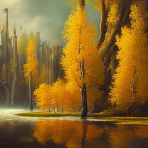 Magical Golden World-Tree in Gothic Ruins