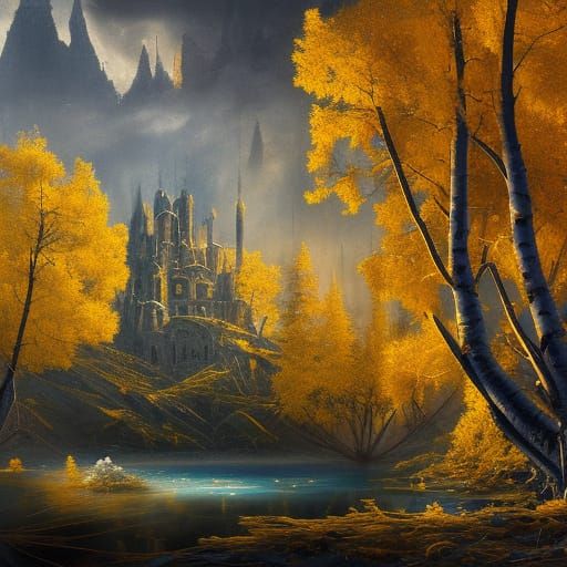 Golden Aspen World-Tree in Gothic Ruins