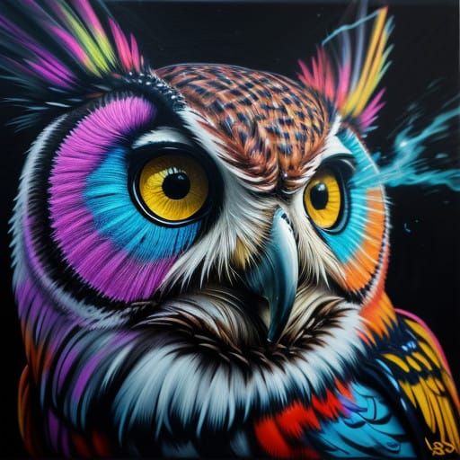Vibrant Street Art Owl in Hyperrealistic Splendor