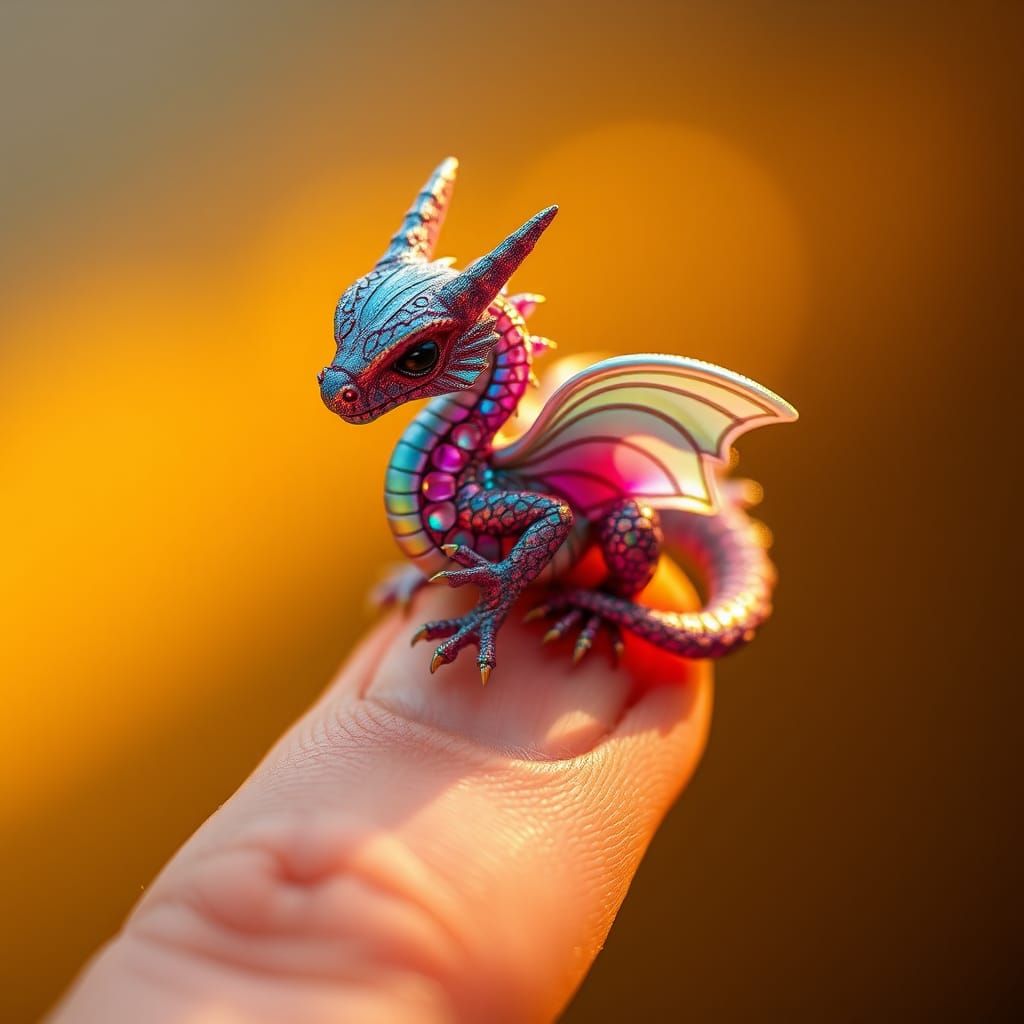 Iridescent Dragon Perched on Finger in Digital Art Style
