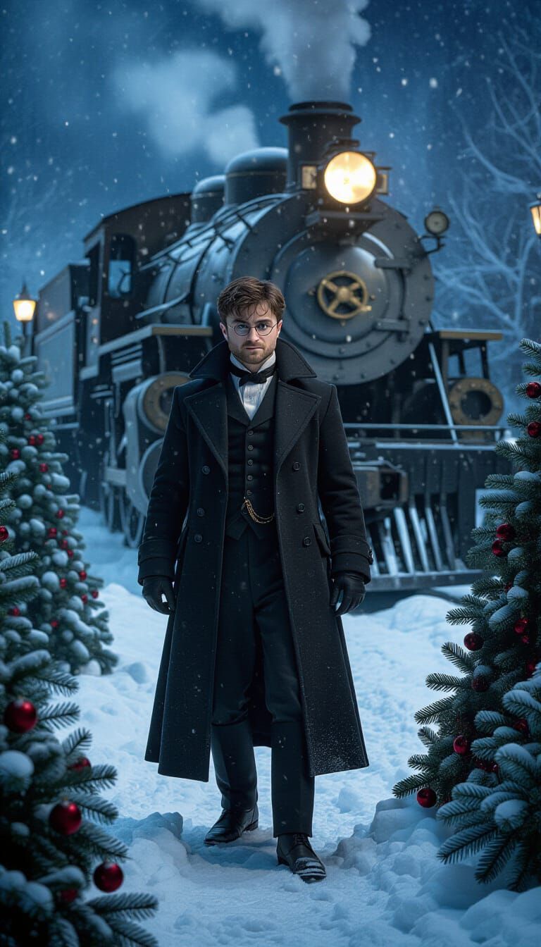 Steampunk Winter Scene with Figure in Victorian Coat