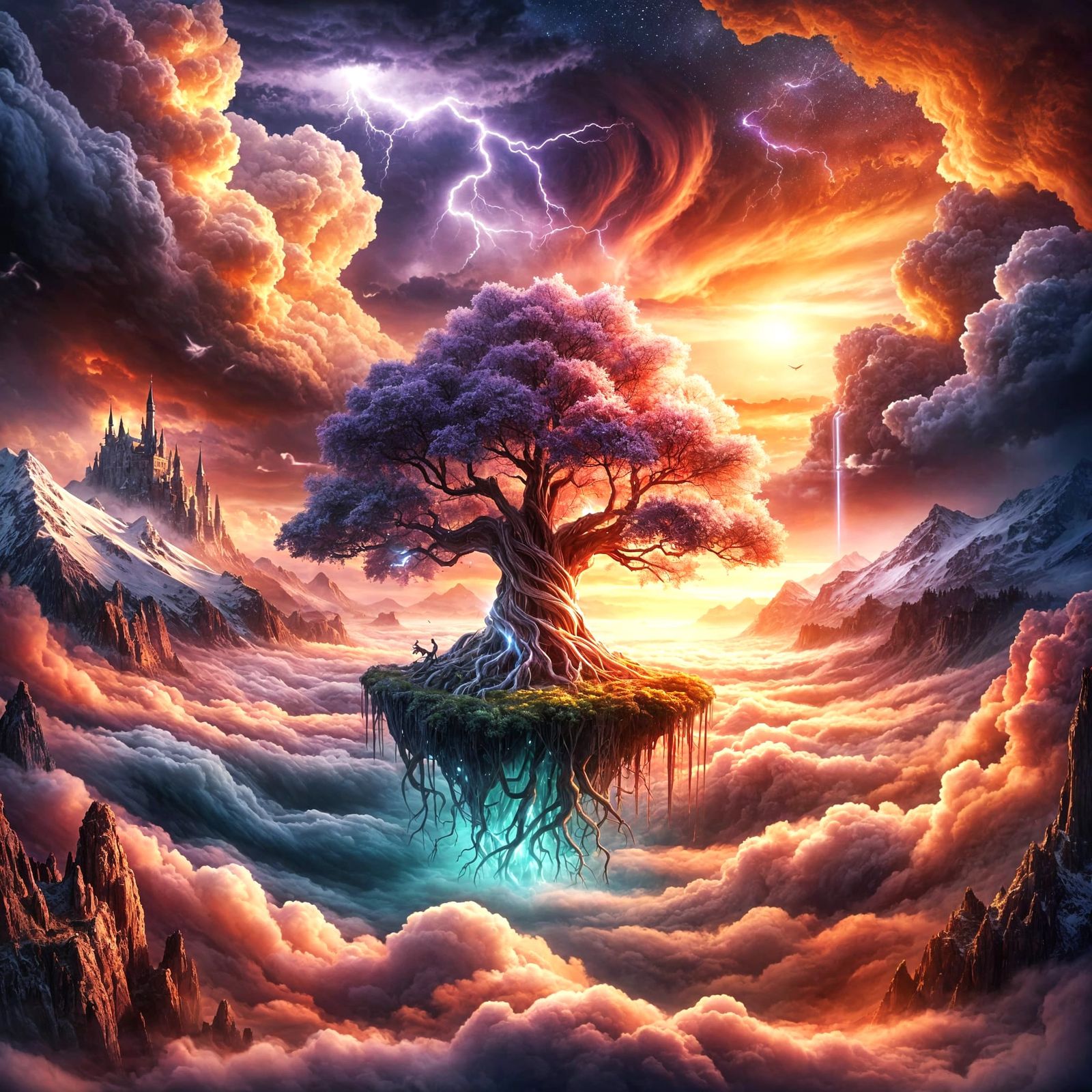 Dreamlike Cloudscape with Ancient Tree and Majestic Castle
