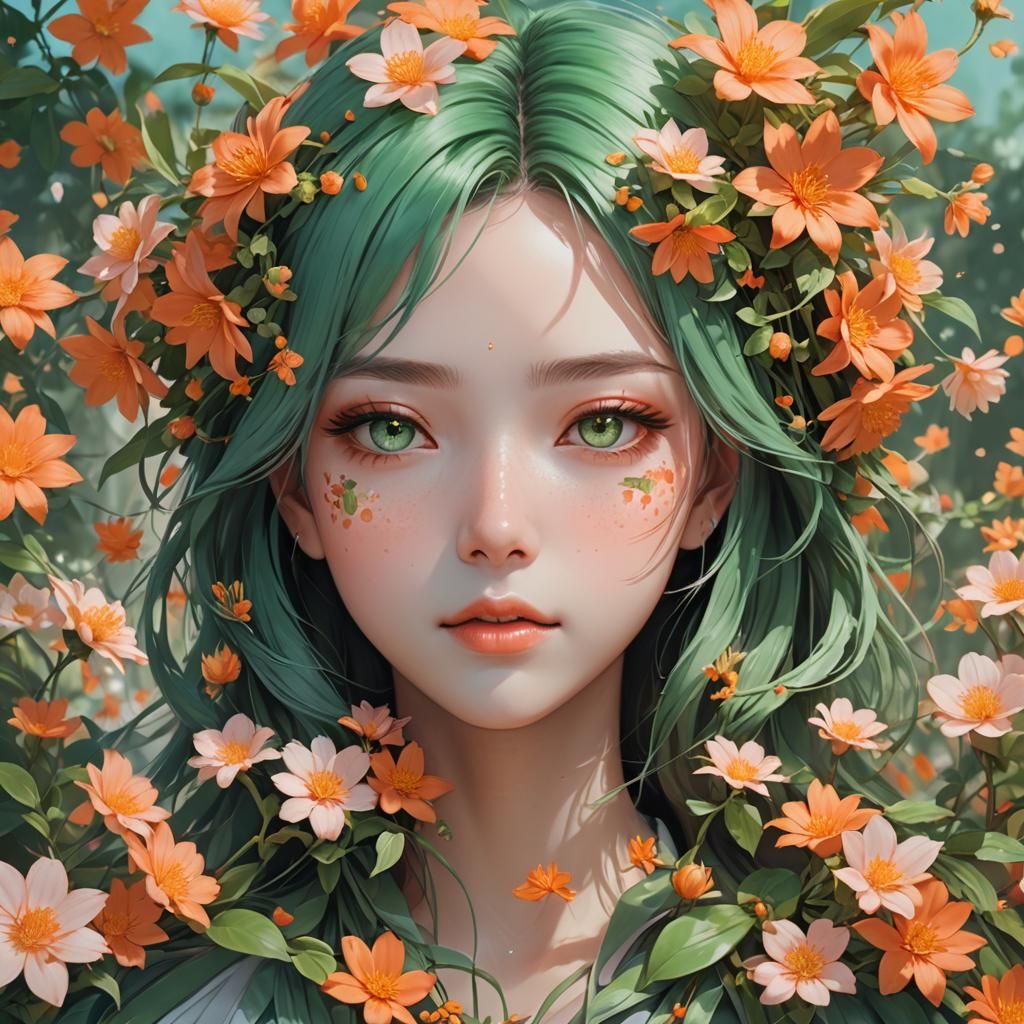 Anime Style Portrait with Floral Accents