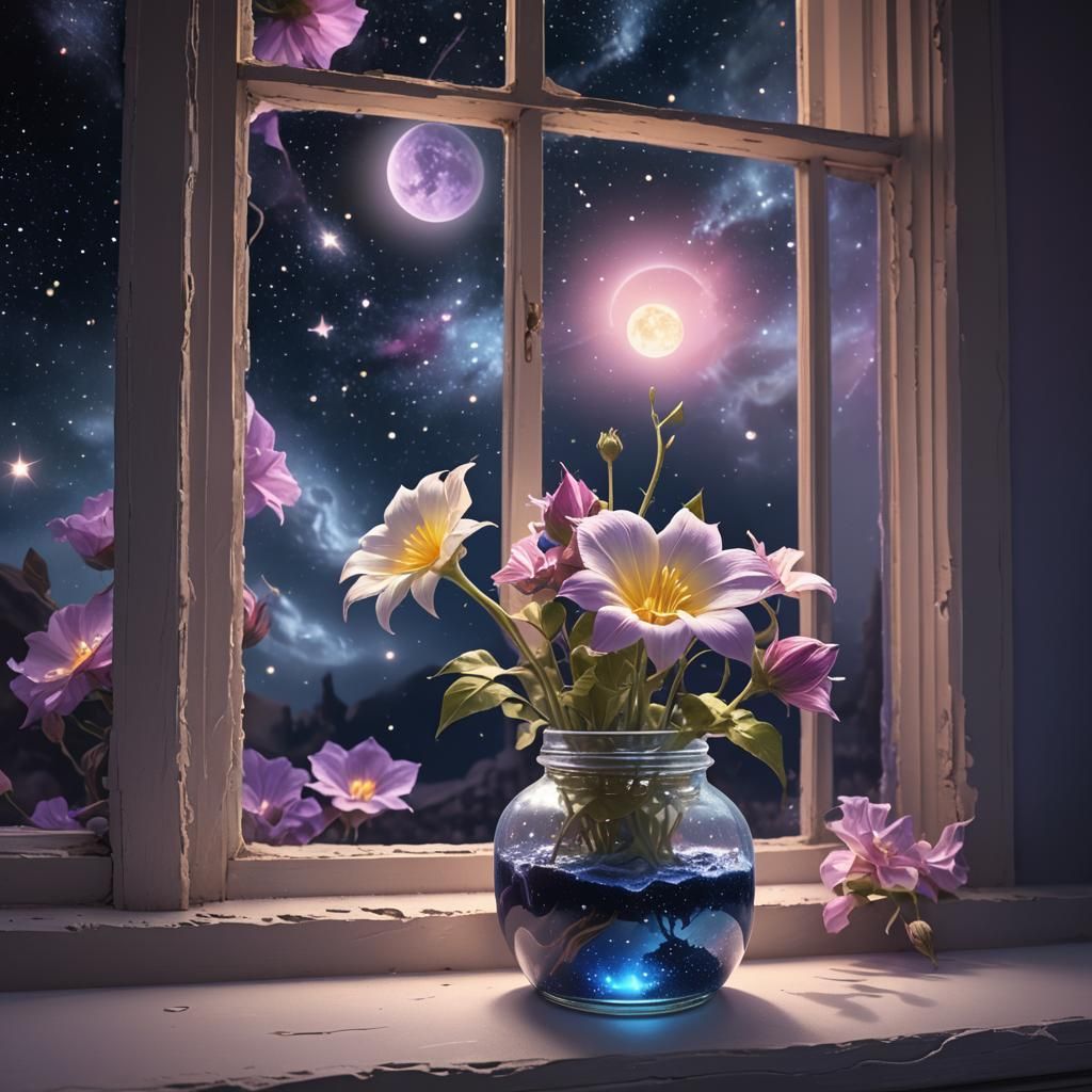 Moonflower in Jar on Starry Ledge: Cosmic Matte Painting