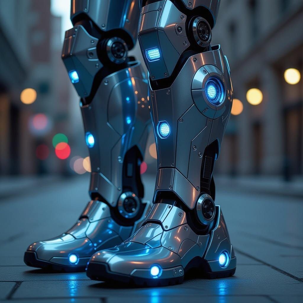 Robotic Boots with Blue Lights, Angular Metal Design