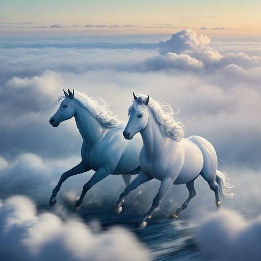 Seven Horses Run on Clouds in Watercolor Style