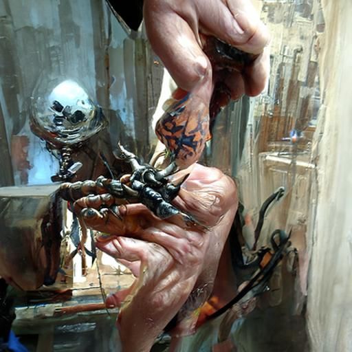 Tattooed Hands in Dramatic Oil Painting