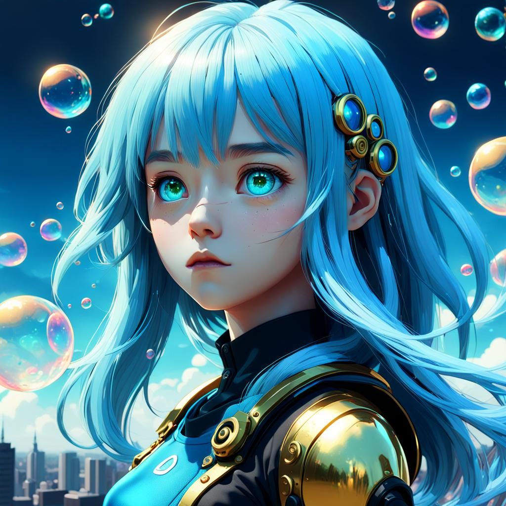 Sky-Blue Haired Woman: Digital Painting in Fantasy Style