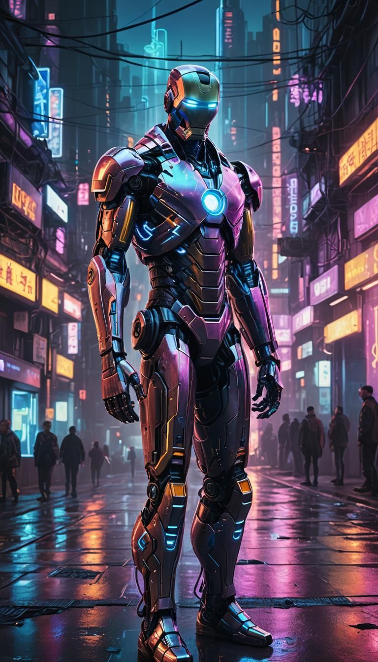 Sentient AI in Cyberpunk Cityscape: Digital Art
