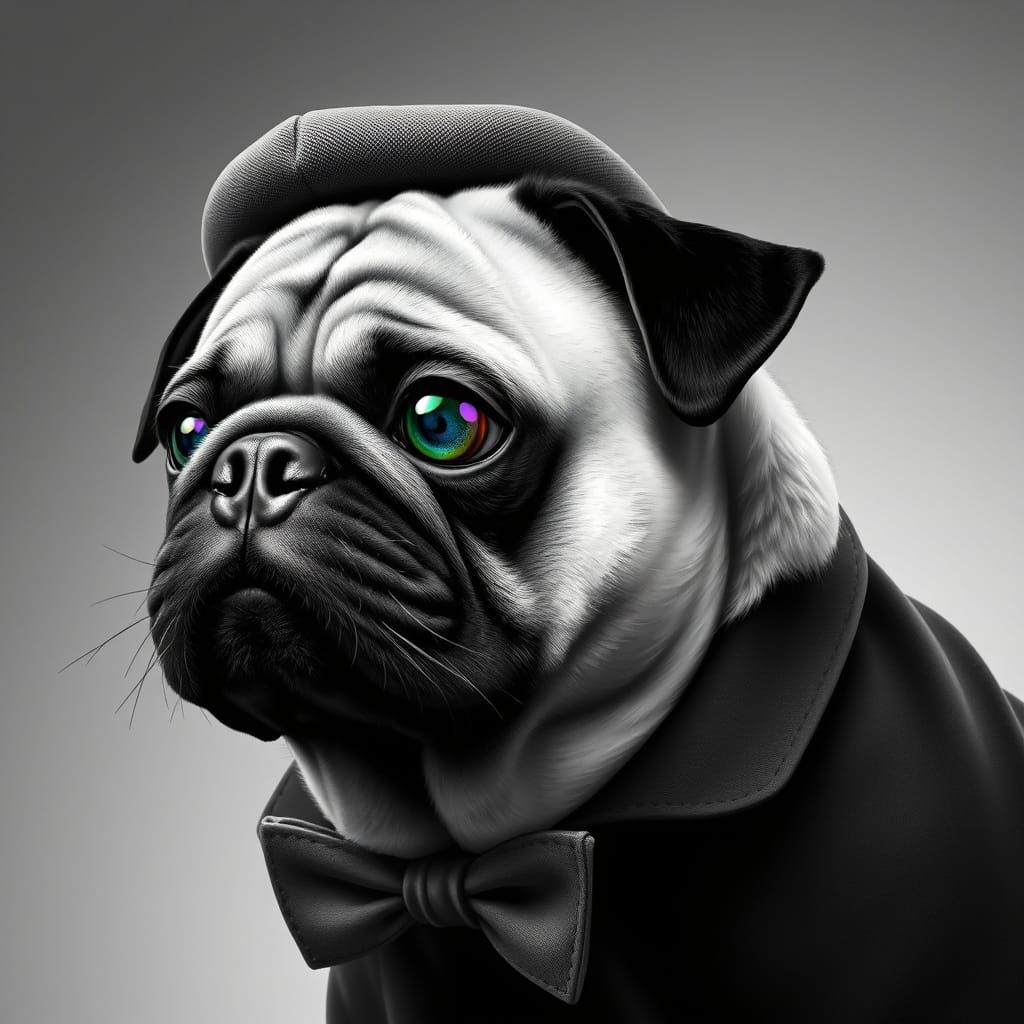 Monochrome Pug Portrait with Vibrant Eyes