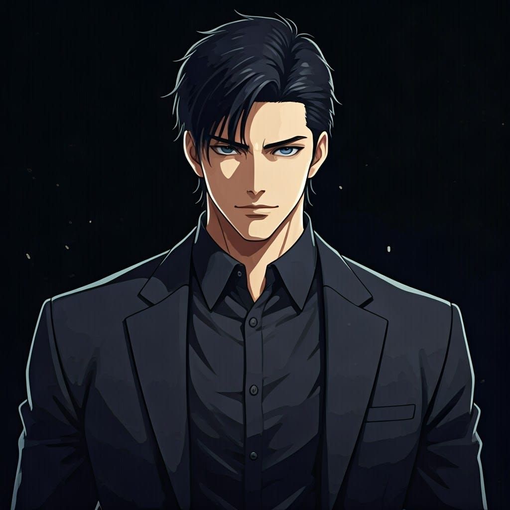 Handsome Anime Man in Black Suit, Manga Style