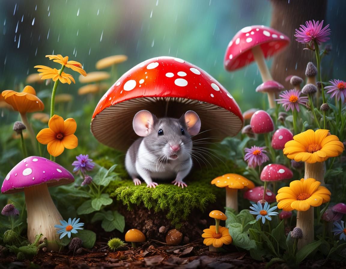 Whimsical Mouse Sheltering Under Mushroom in Rain