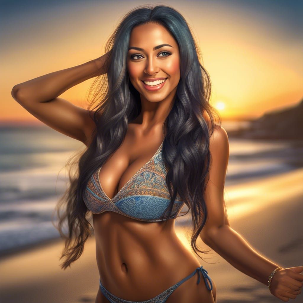Woman with Flowing Hair on Beach at Sunset
