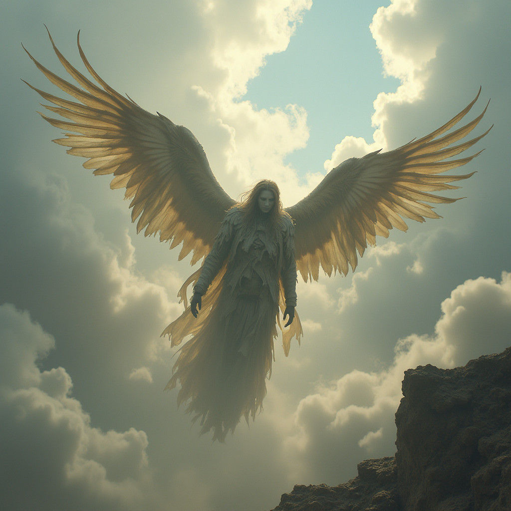 Angels Descending from Smoky Sky in Dreamlike Art