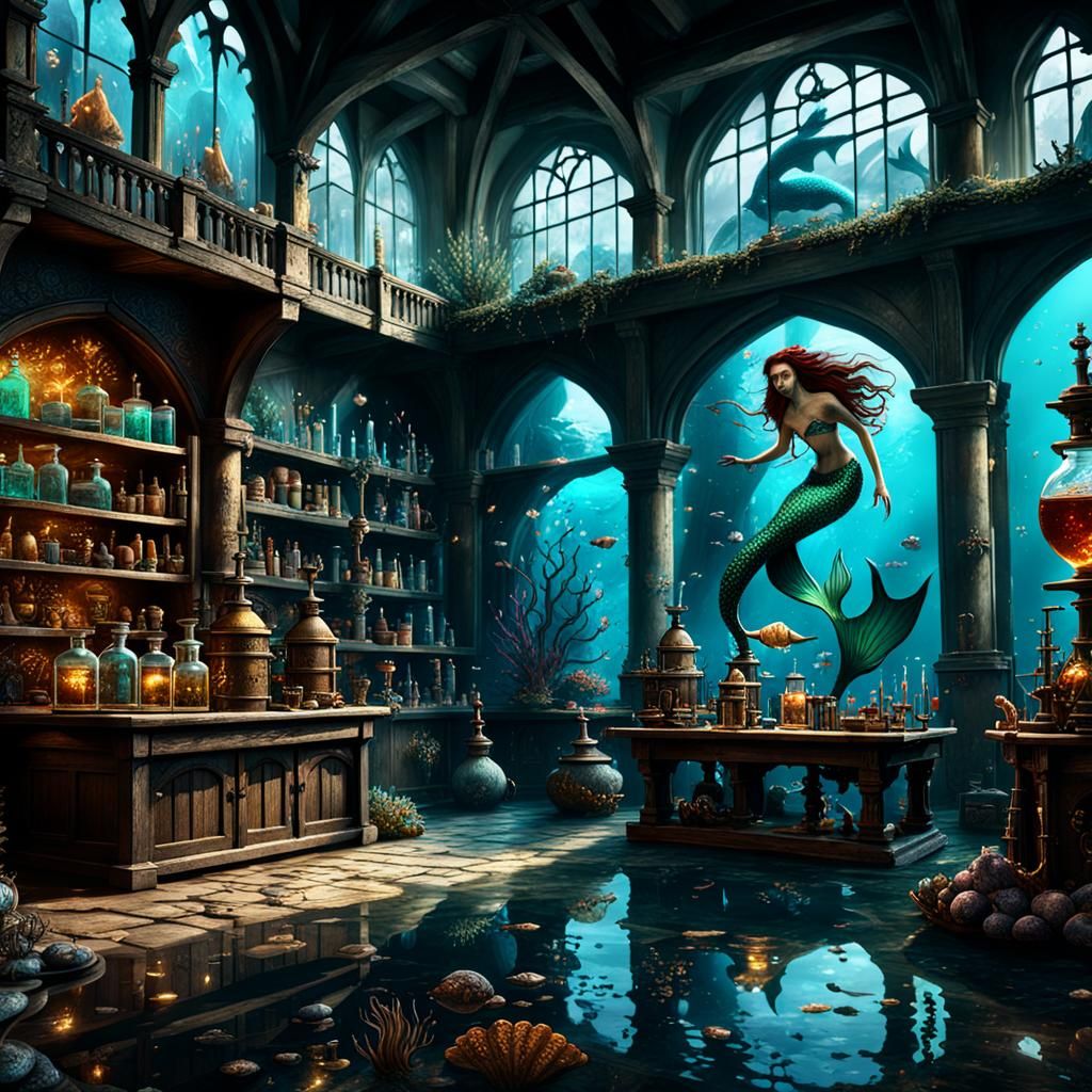 Medieval Alchemist's Lab with Mermaid: Fantasy Art