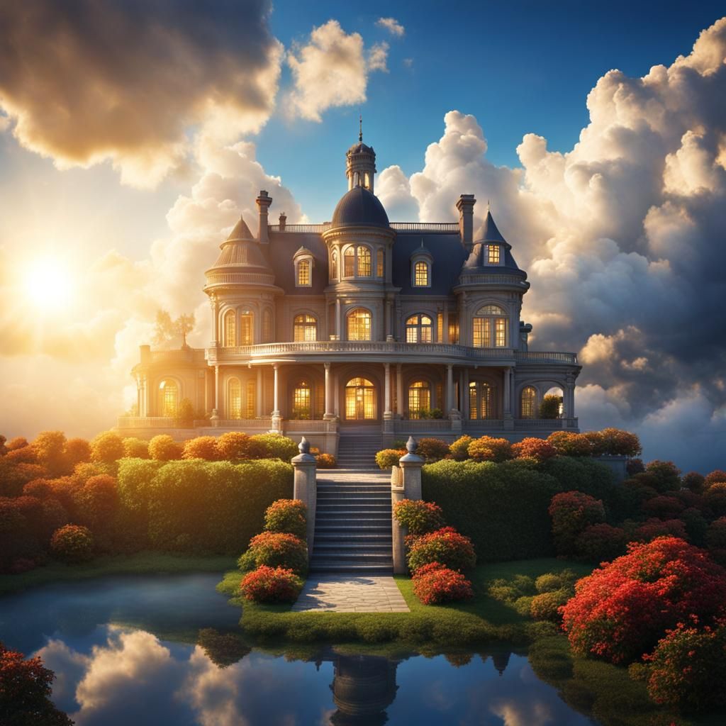 Dreamlike Mansion in the Clouds with Shining Sun