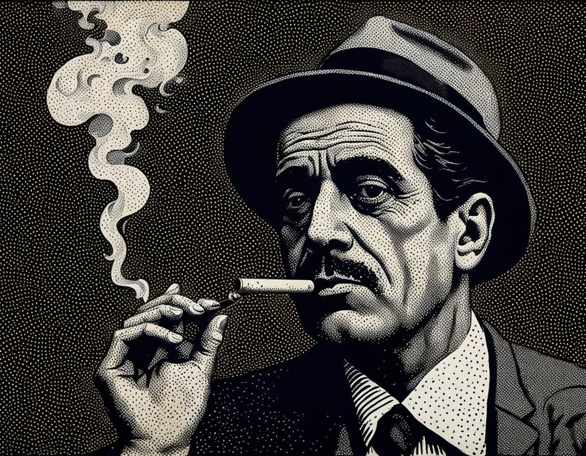 Spy Smoking in Pointillism and Chiaroscuro