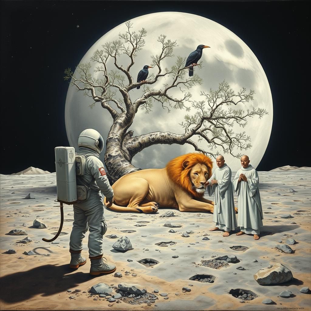 Surreal Astronaut and Lion on the Moon