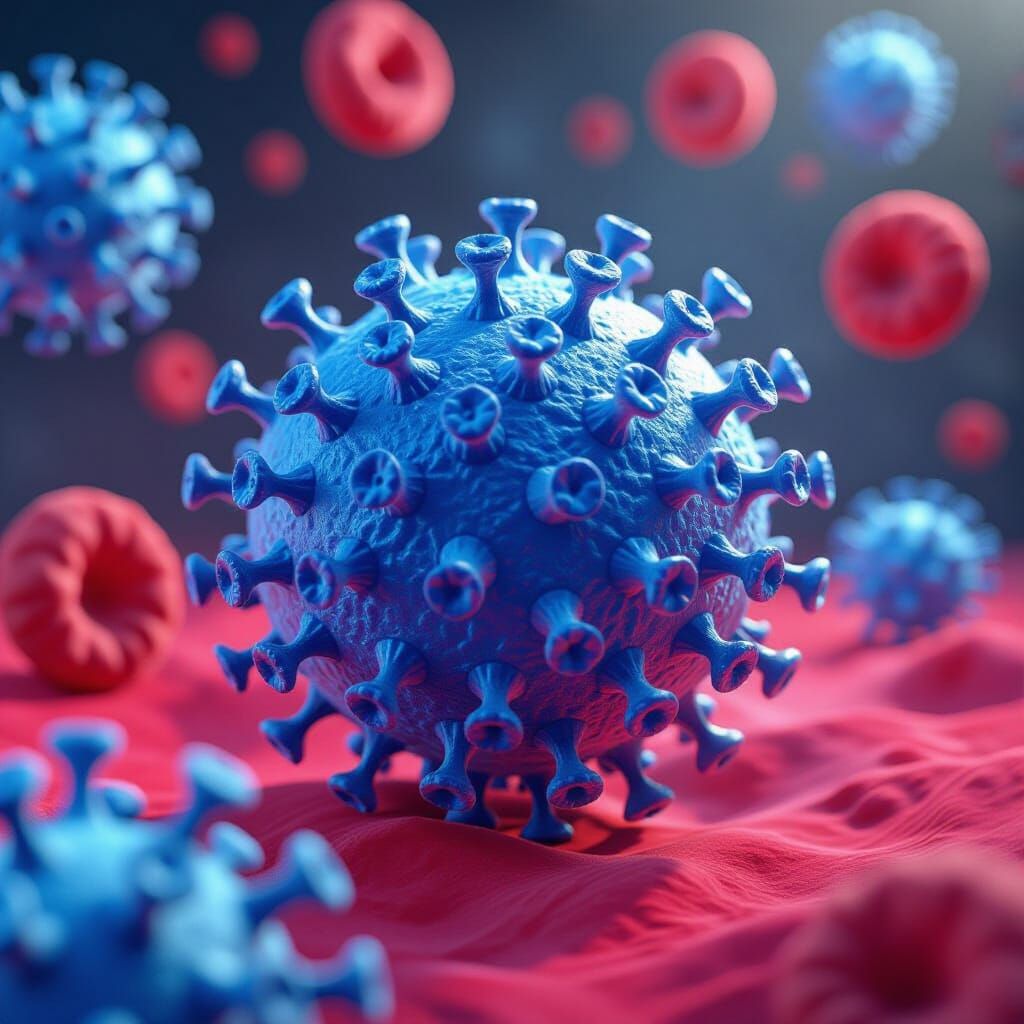 Detailed 3D Rendering of a Blue Virus Particle