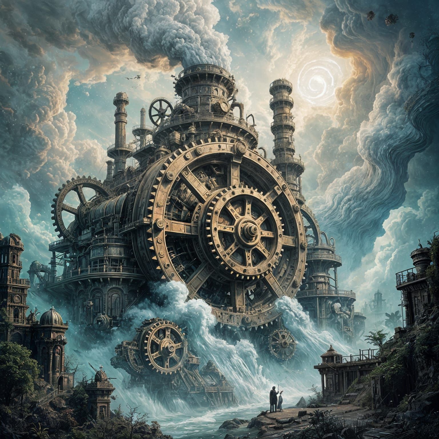 Ancient Factory in Dreamlike Nebula Engraving