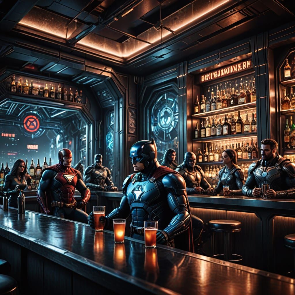 Super Heroes in a Futuristic Bar, High-Contrast HDR Scene