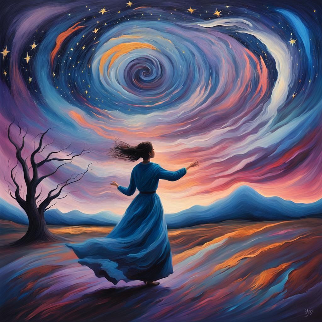 Surreal Person Dancing in Starry Night, Expressionist Painti...