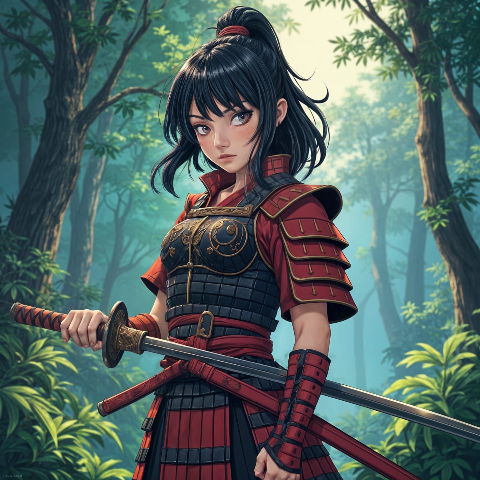 Anime Girl in Samurai Armor in Jungle