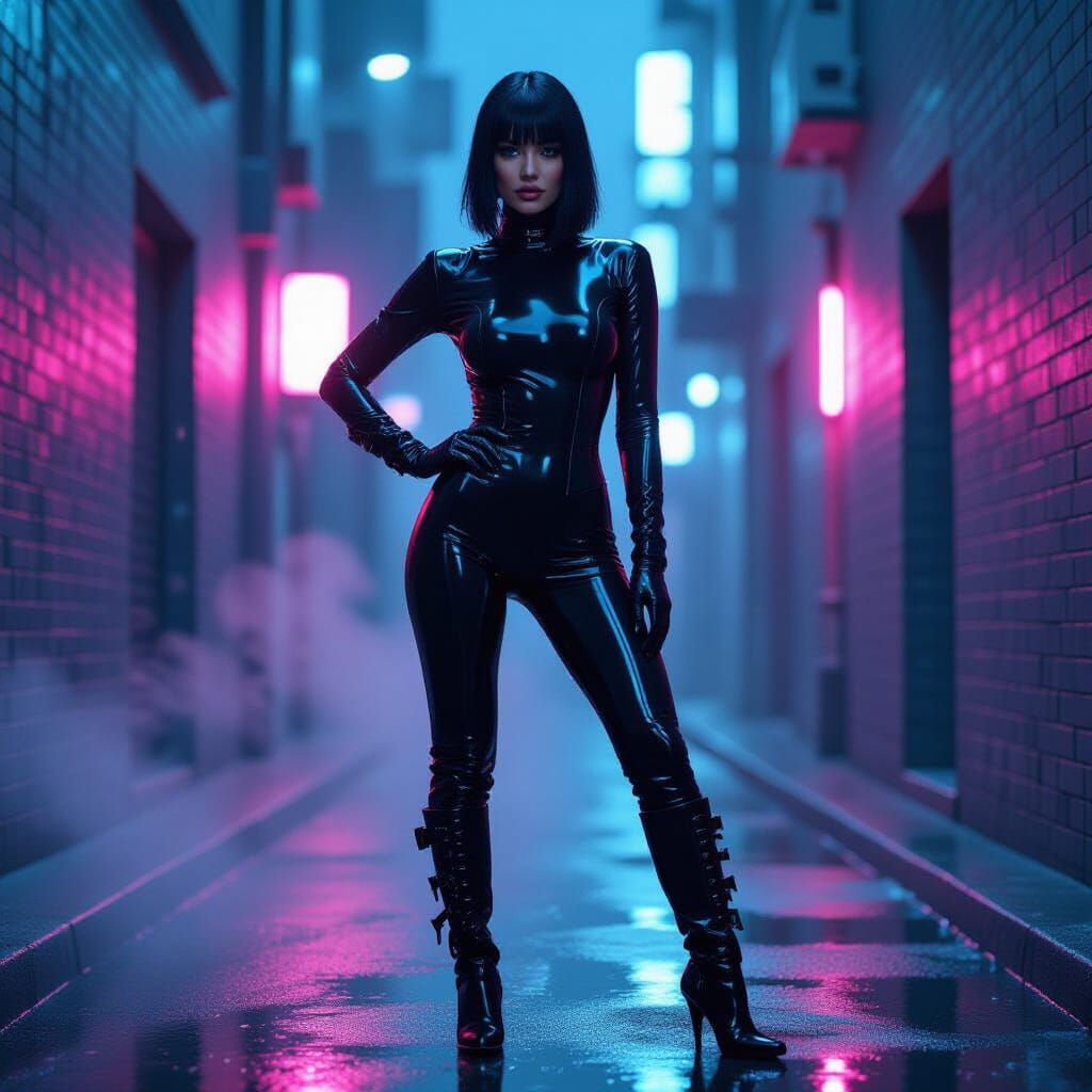Cyberpunk Woman in Latex Catsuit in Rainy Alley