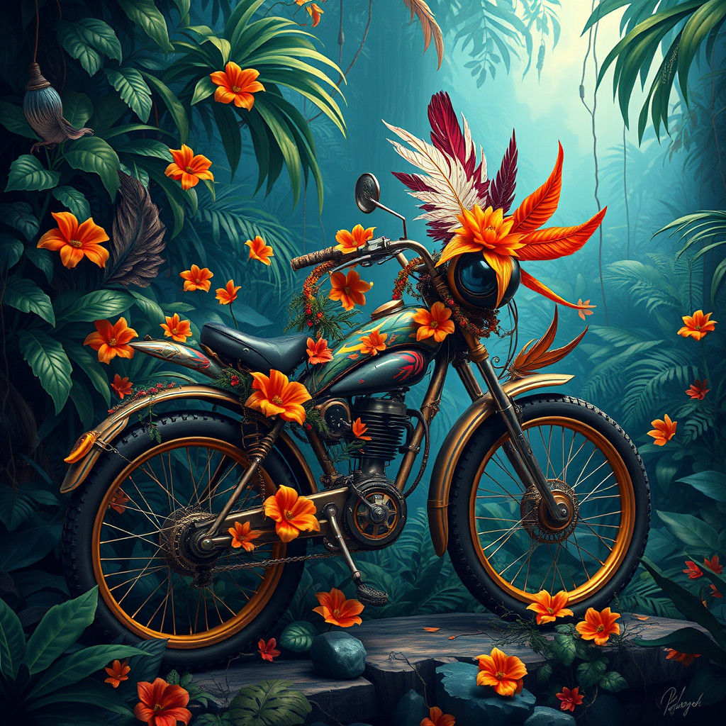 Ornate Bike in a Lush Jungle Environment