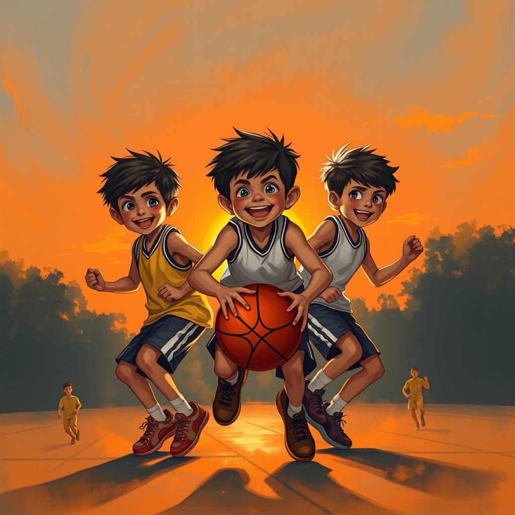 Kids Play Basketball at Sunset: Digital Painting