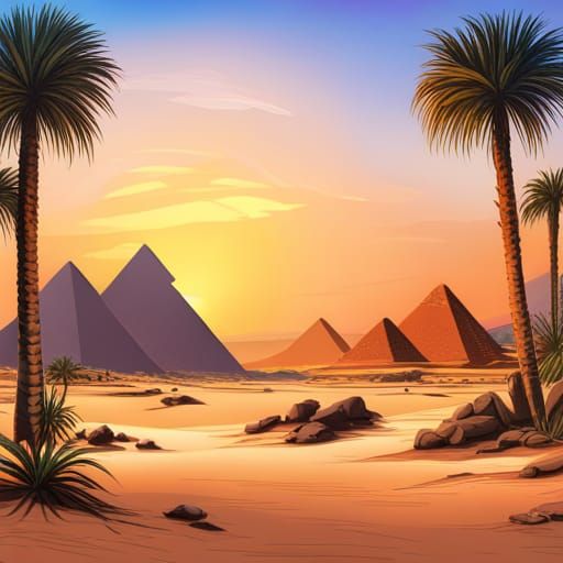 Egyptian Scene with Pyramids in Decoupage Style